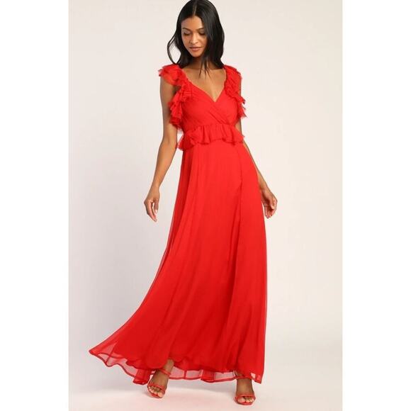 NWT Lulus Red V-Neckline Tied Back Maxi Dress Size Large - Picture 1 of 10